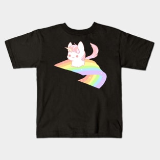 Cute pink fluffy unicorn on a pastel rainbow Kids T-Shirt